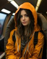 en kvinna bär ett orange jacka generativ ai foto