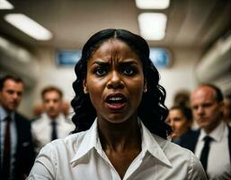 Foto av rasa arg svart luft värdinna besättning kvinna argumenterar de Övrig med sår på ansikte, generativ ai
