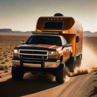 Foto av lastbil i varm sand öken, generativ ai