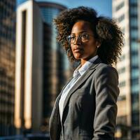 Foto av smart afrikansk kvinna med svart företag kostym på stor modern stad, generativ ai