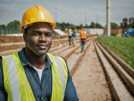 Foto av afrikansk svart man som en konstruktion arbetstagare med hjälm, generativ ai