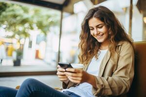 ung skön kvinna använder sig av smartphone i en stad, leende studerande flicka textning på mobil telefon utomhus, modern livsstil, förbindelse, tillfällig företag begrepp. ai genererad foto