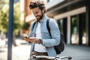 ung stilig man gående med cykel och smartphone i en stad, leende studerande män med cykel leende och innehav mobil telefon, modern livsstil, förbindelse, resa, begrepp. ai genererad foto