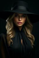 dramatisk mörk studio porträtt av elegant och sexig ung kvinna i svart bred hatt och svart klänning. ai genererad foto