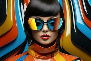 porträtt av mode asiatisk modell, i stil av futurism mode, mättad Färg. ai genererad foto