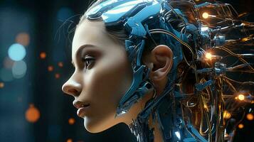 robot kvinna ansikte trogen digital med metallisk detaljer foto