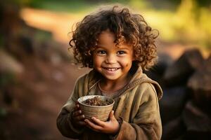 torka, brist av vatten problem. skrattande barn i afrika närbild med råna av vatten. ai genererad foto
