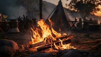 generativ ai, brinnande bål i de kväll, camping utomhus- begrepp i neutral dämpad färger, turist läger foto