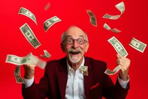 senior man och flygande pengar på studio röd bakgrund. ai genererad foto