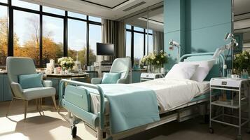 generativ ai, återhämtning rum med bekväm säng, medicinsk interiör, tömma sjukhus rum. foto