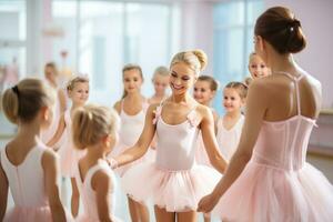 pojke bär rosa tutu kjol och har roligt balett klass med flickor på de bakgrund balett klass. ai genererad foto