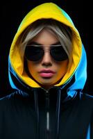 neon porträtt av ung kvinna i runda solglasögon och luvtröja. studio skott. ai genererad foto