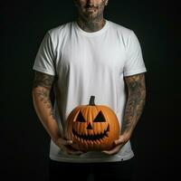 ai generativ Foto av en man innehav halloween pumpa i hand, bär en enkel vit t-shirt