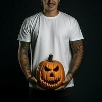 ai generativ Foto av en man innehav halloween pumpa i hand, bär en enkel vit t-shirt