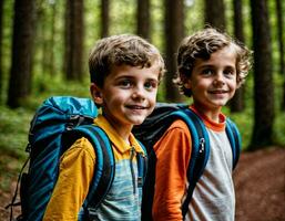 Foto grupp av barn som en backpacker i de mörk trä, generativ ai