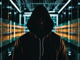 Foto av man i svart luvtröja i server data Centrum rum med neon ljus, generativ ai