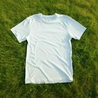 ai generativ hög kvalitet av tom vit t-shirt på de grön gräs, perfekt för attrapp förhandsvisning foto
