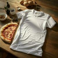 ai genererad tom vit t-shirt liggande i en sovande placera på en kök bord, med flera pizza foto