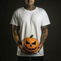 ai generativ Foto av en man innehav halloween pumpa i hand, bär en enkel vit t-shirt