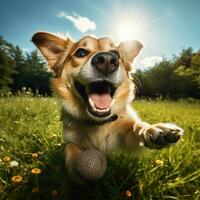 ai generativ hög kvalitet Foto av en Lycklig hund spelar boll på de gräs