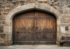 trä- dörrar karakteristisk av en medeltida slott. ai genererad foto