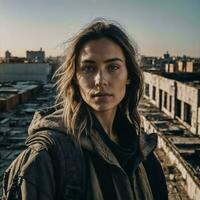 efterlevande människor på taket med skada stad i bakgrund, generativ ai foto