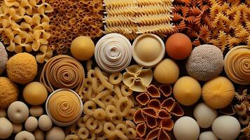 generativ ai, mängd av typer, färger och former av italiensk pasta, textur bakgrund foto