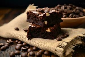 choklad brownies på säckväv och kaffe bönor på en trä- tabell foto