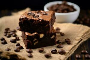 choklad brownies på säckväv och kaffe bönor på en trä- tabell foto