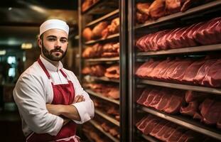 man stående i främre av hyllor med rå kött. ai genererad foto