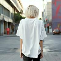 ai genererad flicka modell bär tom vit oversize t - skjorta. la gata. tillbaka se. modern stil foto