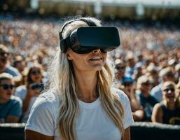 Foto av skön kvinna med vr glasögon headsetet på stadion sport arena, generativ ai