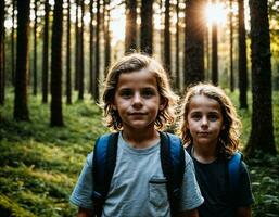 Foto grupp av barn som en backpacker i de mörk trä, generativ ai