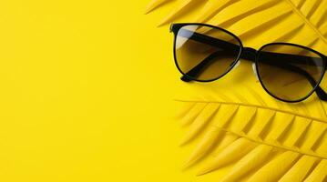 topp se av solglasögon och blad på gul bakgrund, sommar begrepp. generativ ai. foto