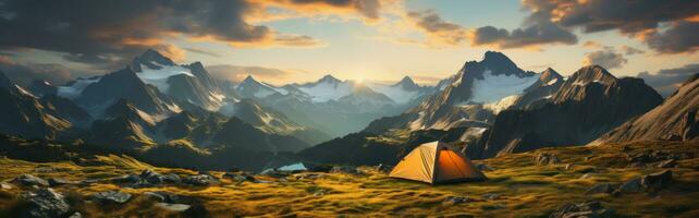 ensam lysande orange tält på bergen med lagun på morgon- ljus, förbi ai generativ. foto