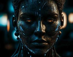 porträtt av cyborg med svart knäckt hud med blå ränder, med brinnande ögon och en grym likgiltig se. en kännande humanoid liv form. trogen sci-fi illustration. foto