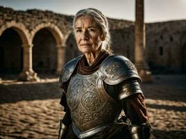 Foto av stark gammal senior kvinna krigare med roman rustning färgade, generativ ai