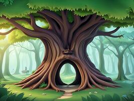 vektor illustration fantasi skog bakgrund med ihålig träd, ai genererad foto