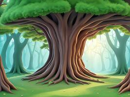 vektor illustration fantasi skog bakgrund med ihålig träd, ai genererad foto