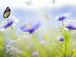 skön vild blommor kamomill, lila vild ärtor, fjäril i morgon- dis i natur närbild makro. ai genererad foto