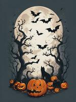 t-shirt design halloween scen med svart katter, spindlar och pumpa, med skön nattlig måne och fladdermöss i de bakgrund, generativ ai foto