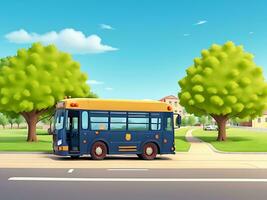 gata sida scen med skola buss på de väg scen vektor illustration, ai genererad foto