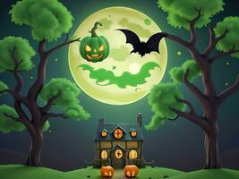 Lycklig halloween häxa hus pumpa träd och måne med Lycklig ansikte på grön mörk natt bakgrund, catton illustration, ai genererad foto