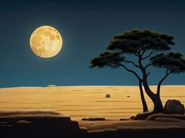 savann landskap med akacia träd på natt vektor tecknad serie illustration, ai genererad foto