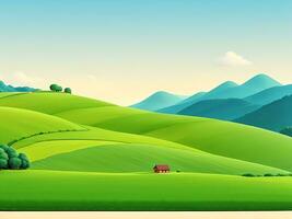 naturlig kväll landskap med grön kullar, catton illustration, ai genererad foto