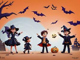 illustration av halloween bakgrund med silhuetter av barn lura i halloween kostym. ai genererad foto