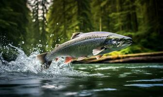 vild chinook lax fisk Hoppar ut av flod vatten i en skog. ai genererad foto