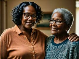 Foto av svart kvinna ta vård senior svart kvinna på Hem, generativ ai