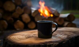emalj kopp av varm ångande kaffe Sammanträde på ett gammal logga. ai genererad foto
