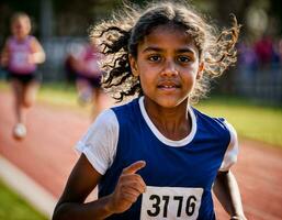 Foto av flicka barn löpning lopp sport på skola, generativ ai